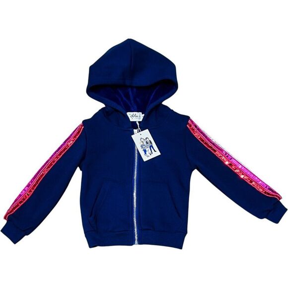 NWT! Lola and the Boys Navy Sequin Stripe Sleeve Zipper Hoodie Size 2 - Picture 1 of 7